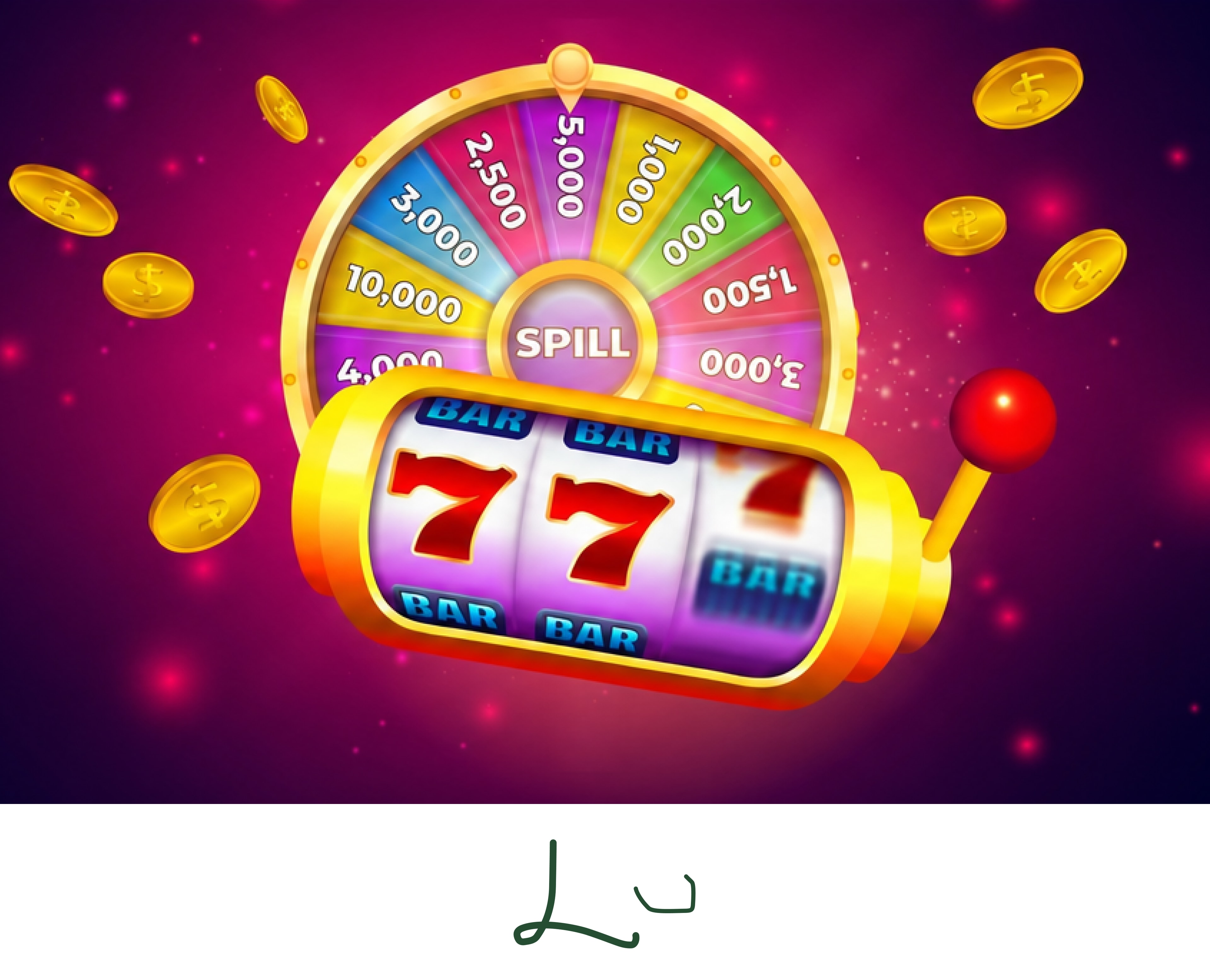 Kolikkopeli voittokeloilla ja 777-symboleilla, kultakolikot lentävät ympärillä. Le Coup Casino logo alhaalla.